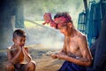 Thailand Father and son are working hand made Basket bamboo or f Royalty Free Stock Photo