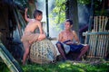 Thailand Father and son are working hand made Basket bamboo or f Royalty Free Stock Photo