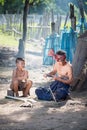 Thailand Father and son are working hand made Basket bamboo or f