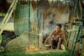 Thailand Father working hand made Basket bamboo or fishing gear