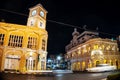 View of Chino-Portuguese style building with clock tower after renovated located at Phuket old town in night, landmark of Phuket Royalty Free Stock Photo