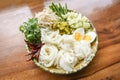 Thailand food vermicelli noodle boiled eggs and fresh vegetables on plate served wooden table - Thai rice noodles