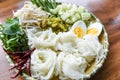 Thailand food vermicelli noodle boiled eggs and fresh vegetables on plate served wooden table - Thai rice noodles Royalty Free Stock Photo