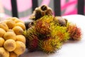 Thailand fruit set rambutan, mangosteen and longan fresh and tasty closeup