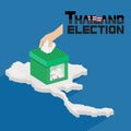 Thailand general election. Ballot box with hand voting on Thailand map background. - Vector illustration