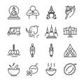 Thailand icon set. Included the icons as Thai greeting, temple, boxing, pagoda, Buddha statue, tom yum kung and more.