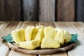 Thailand jackfruit, ripe fruit on wood background.