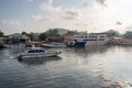 Thailand - January 31, 2018: A small speedboat floats on the river. Royalty Free Stock Photo