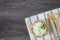 White rice, cooked white rice, cooked plain rice in wooden bowl with spoon and chopsticks, Organic rice on the rustic wooden Royalty Free Stock Photo