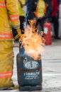 Thailand : July 30, 2019 :Peoples preparedness for fire drill and training to use a fire safety tank in the hospital.Udonthani,