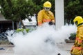 Thailand : July 30, 2019 :Peoples preparedness for fire drill and training to use a fire safety tank in the hospital.Udonthani,