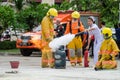 Thailand : July 30, 2019 :Peoples preparedness for fire drill and training to use a fire safety tank in the hospital.Udonthani,