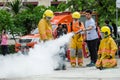 Thailand : July 30, 2019 :Peoples preparedness for fire drill and training to use a fire safety tank in the hospital.Udonthani,