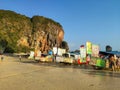 Thailand, Krabi aonang beach- February 19, 2019: floating food market. Boats with fast food ashore