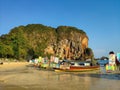 Thailand, Krabi aonang beach- February 19, 2019: floating food market. Fast food boats on the beach at low tide