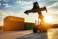 Thailand Laem Chabang Chonburi Industrial logistic forklift truck containers shipping cargo in port at sunset time.