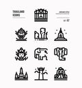 Thailand line icon set 2. Include landmark, sculpture, temple, pagoda, elephant and more. Royalty Free Stock Photo