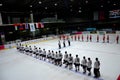 Thailand and Mongolia ice hockey teams stand for national anthem in rink Bangkok Thailand