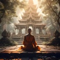 Thailand monk meditating front beautiful temple Graphic illustration