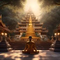 Thailand monk meditating front beautiful temple Graphic illustration