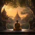 Thailand monk meditating front beautiful temple Graphic illustration