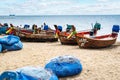Thailand national fishing seaport and colored boats with nets and gear for fishing