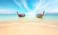 Thailand nature landscape. Sandy beach and travel boats on coast