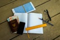 Thailand passport with money, pencil and yellow ruler. Royalty Free Stock Photo