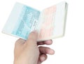Thailand Passport visa and hand on white