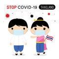 Thailand People to Wear National Dress and Mask to Protect and Stop Covid-19. Coronavirus Cartoon Vector for Infographic.