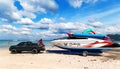 Speedboat brought on a trailer and prepare for the entertainment of tourists on Patong beach Royalty Free Stock Photo