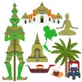 Thailand symbol, marble Temple Benchamabophit, Guardian Giant Yaksha, Buddhist stupa chedi, Traditional long-tail boat, Thai taxi