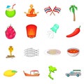 Thailand symbols icons set, cartoon style