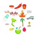 Thailand symbols icons set, cartoon style