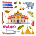 Thailand Symbols and Object with Buddhist Temple, Elephant and Wooden Boat Vector Set