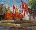 Thailand temple golden pagoda red flags acrylic oil painting tex