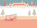 Thailand tourism landscape, auto rickshaw or tuk tuk passing The grand temple palace