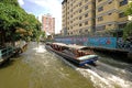 Thailand tourist canal boat on village river at daytime