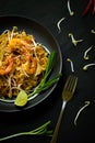 Thailand traditional cuisine, Pad thai, dried noodle, fried noodles, shrimp and seafood, street food, dark food photography Royalty Free Stock Photo