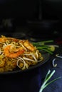 Thailand traditional cuisine, Pad thai, dried noodle, fried noodles, shrimp and seafood, street food, dark food photography Royalty Free Stock Photo