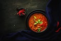 Thailand traditional cuisine, Red curry, curry soup, street food, dark food photography Asian food
