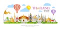 Thailand travel, beautiful building landmark on cloud and sky with Balloon background