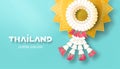 Thailand typography with thai jasmine garland and golden pedestal tray top view vector illustration Royalty Free Stock Photo