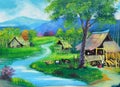 Thailand upcountry view oil painting on canvas Royalty Free Stock Photo