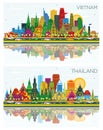 Thailand and Vietnam City Skyline Set with Color Buildings, Blue Sky and Reflections Royalty Free Stock Photo