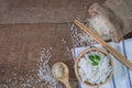 Thailand rice, cooked white rice, cooked plain rice in wooden bowl with spoon and chopsticks, Organic rice on the rustic wooden, Royalty Free Stock Photo