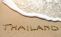 Thailand written on the sand beach near sea - travel holiday concept Royalty Free Stock Photo