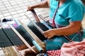 Thailander Hill tribe ladies are demonstration of weaving fabric for tourists Royalty Free Stock Photo