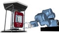 Thallium symbol in square shape with metallic edge in front of a mechanical arm that will hold a chemical container. 3D render.
