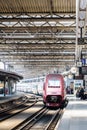 A Thalys high-speed train stationing in Brussels-South railway station